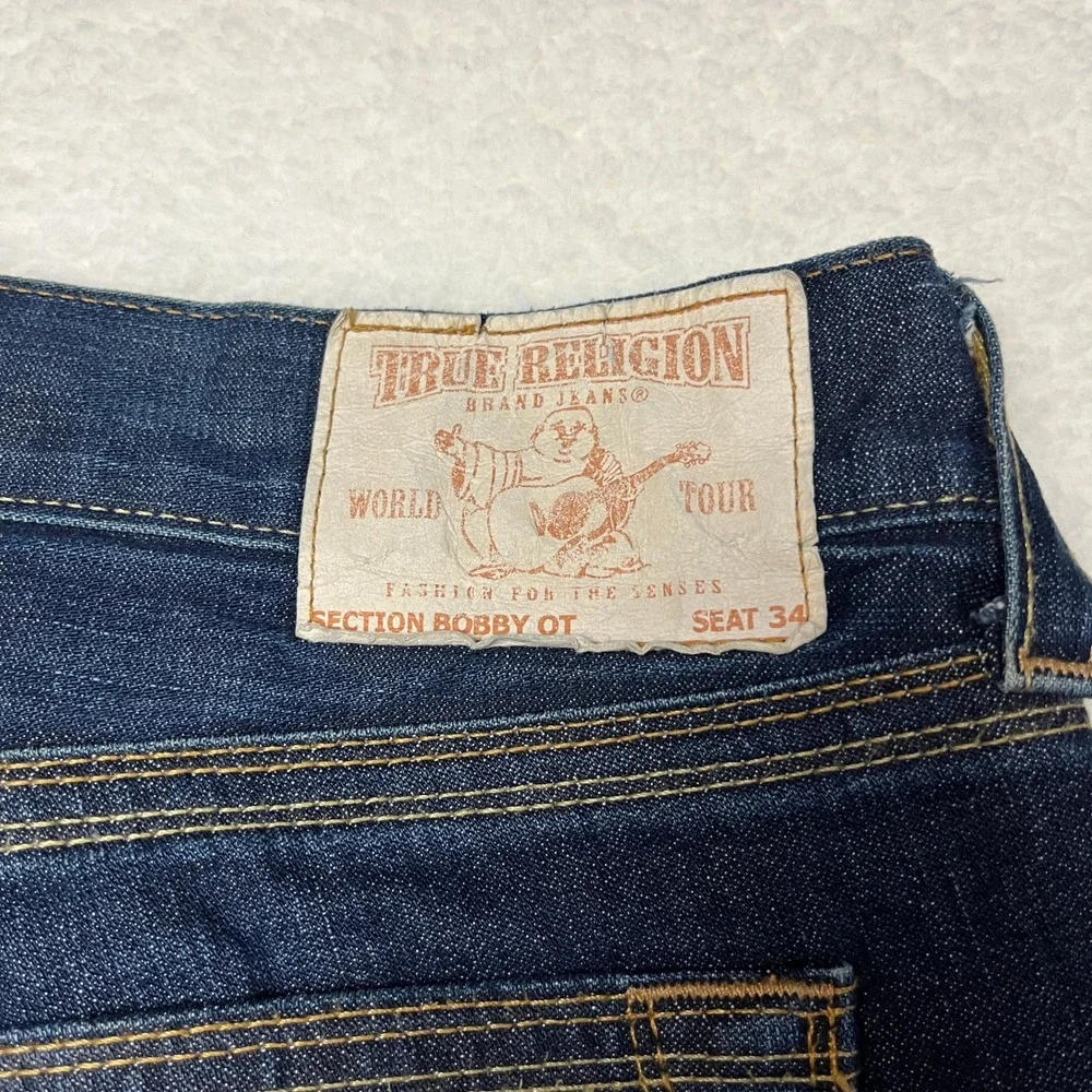 True Religion Jeans Mens 40 Blue Made in USA Straight Leg Contrast Stitch Denim
